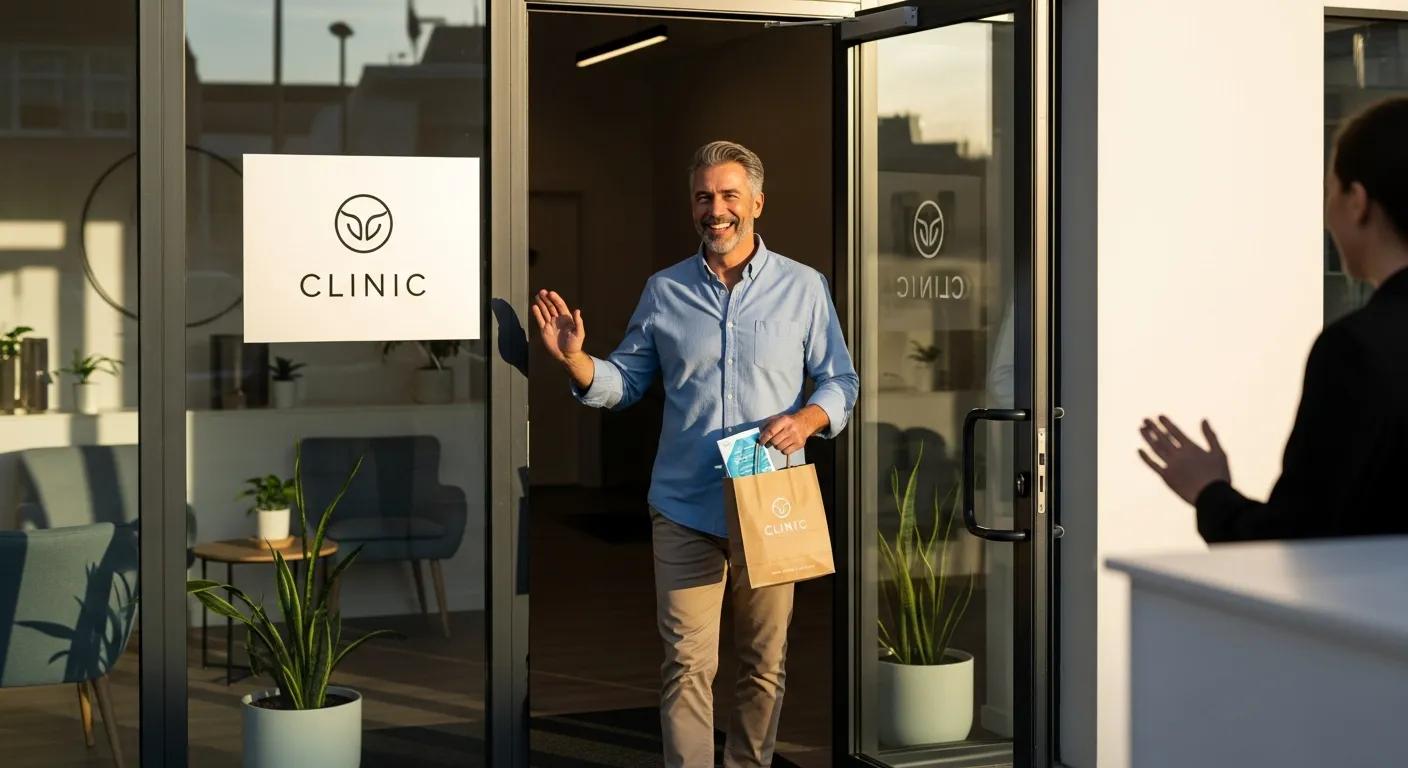 Pacient fericit părăsind clinica după un tratament reușit pentru hemoroizi